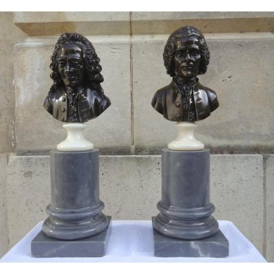 Sculpture :Paire De Bustes En Bronze : Voltaire Et Rousseau