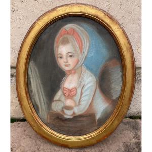 Tableau. Pastel. Portrait de fillette d'époque Louis XVI