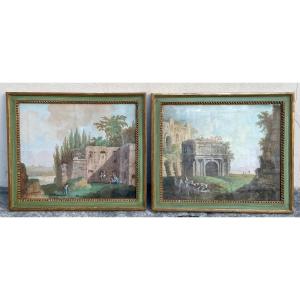 Paintings. Pair Of Gouaches On Canvas. 18th Century Period.