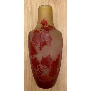 Emile Gallé. Art Nouveau Vase With Red Vine Leaves