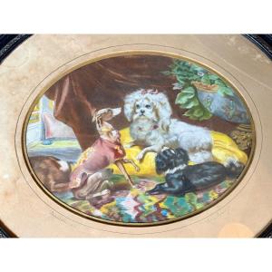 Le Boudoir - Pastel Napoleon III Meeting Of Dogs On Cushions 1862