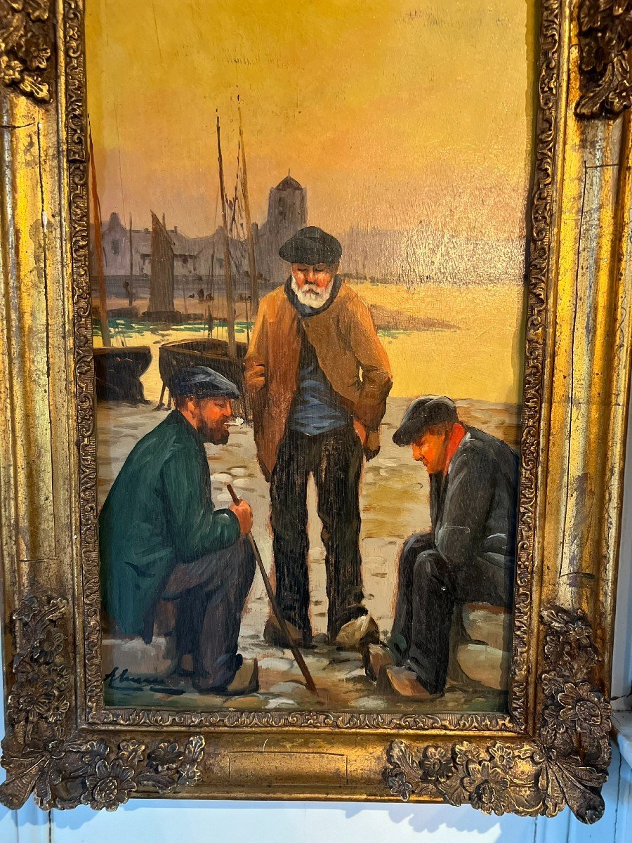  "3 Sailors In A Port" Oil On Panel-photo-3