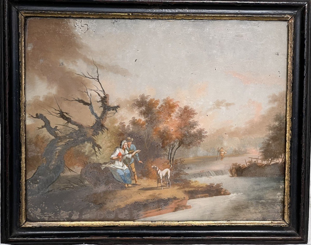 Animated Riverside Scenes. Pair Of 18th Century Glass Mounted-photo-2