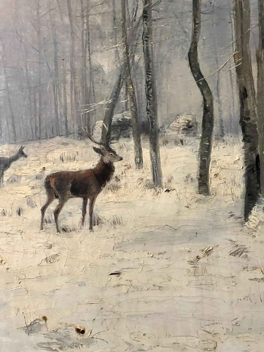 Deer And Stag In The Snow. Oil On Canvas 19th Century-photo-2