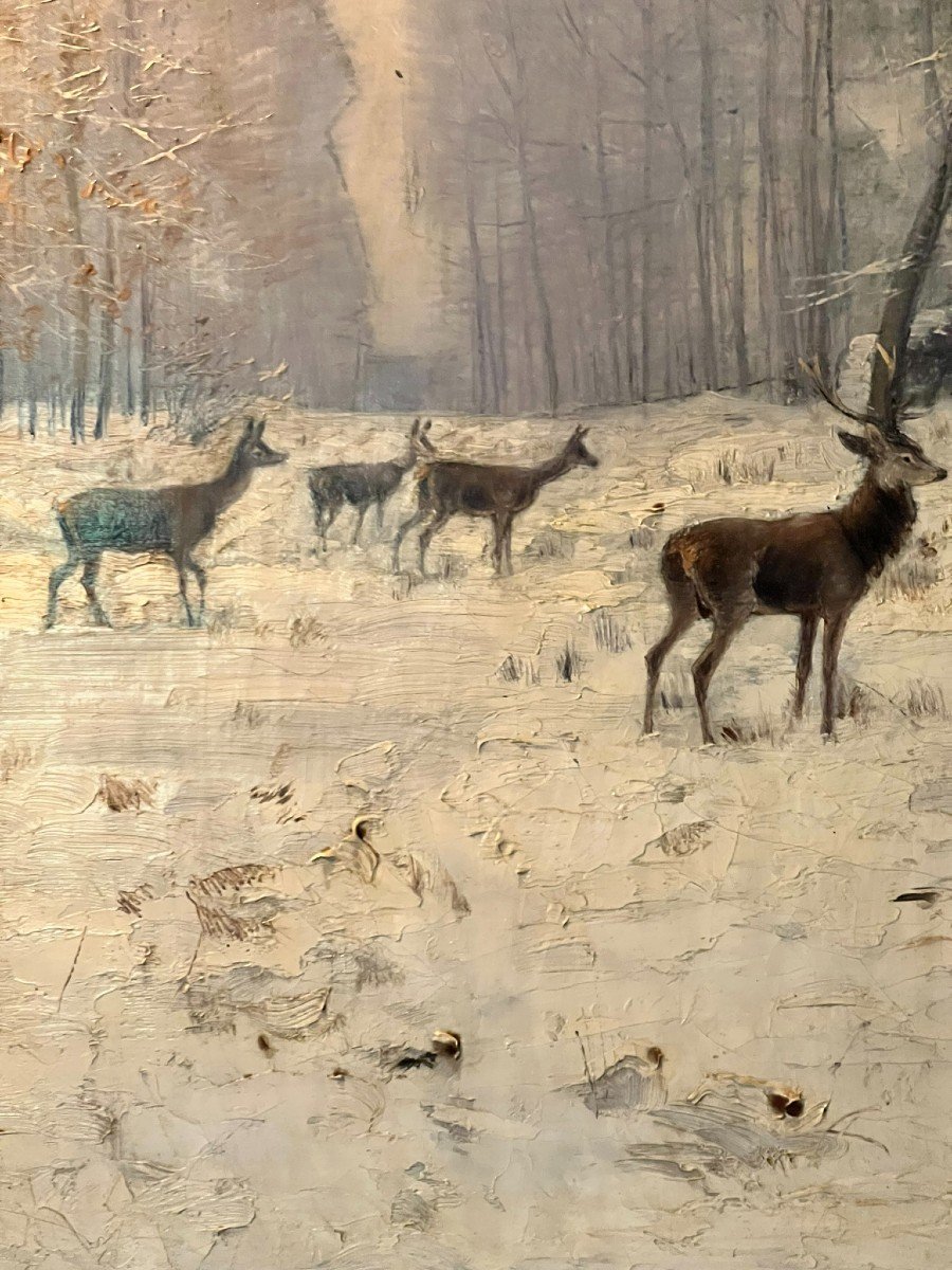 Deer And Stag In The Snow. Oil On Canvas 19th Century-photo-3