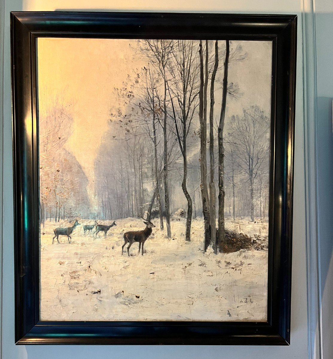 Deer And Stag In The Snow. Oil On Canvas 19th Century