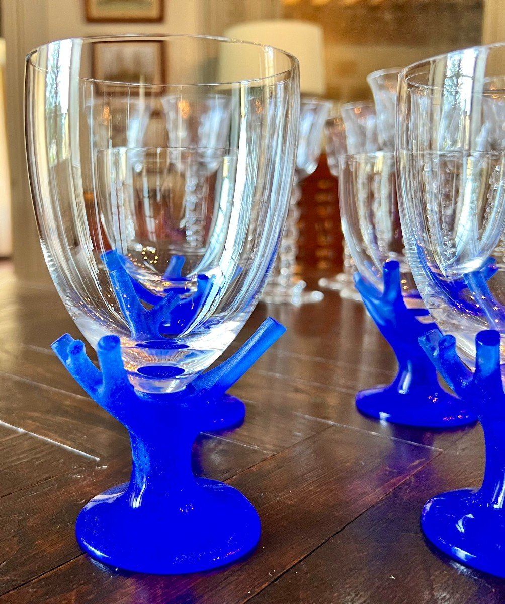 8 "trapani" Glasses In Blue Coral By Garouste And Bonetti For Daum France-photo-2