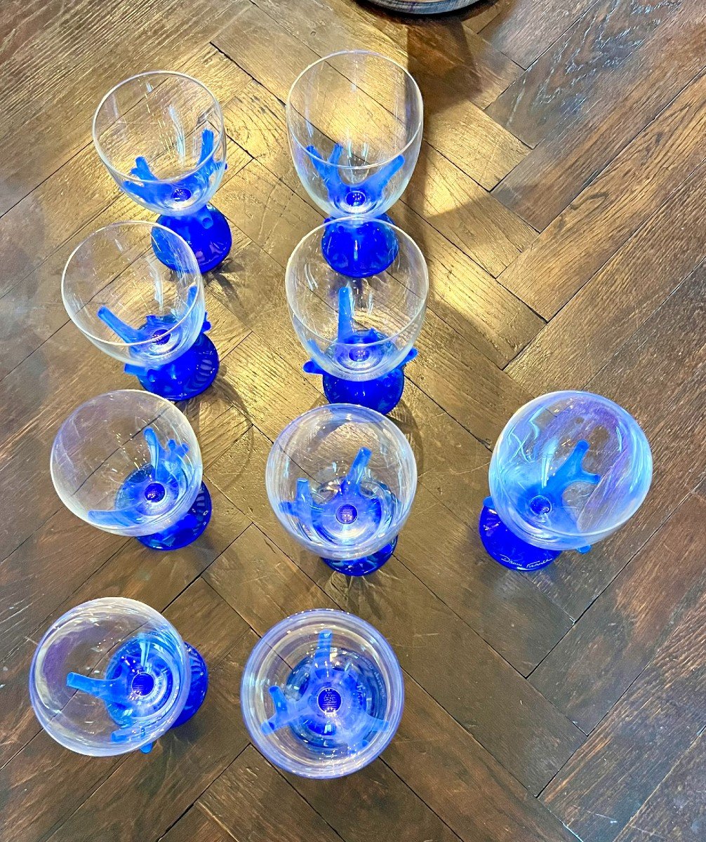 8 "trapani" Glasses In Blue Coral By Garouste And Bonetti For Daum France-photo-3