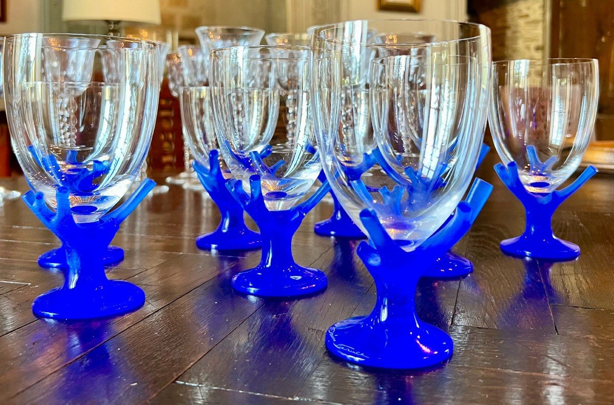 8 "trapani" Glasses In Blue Coral By Garouste And Bonetti For Daum France