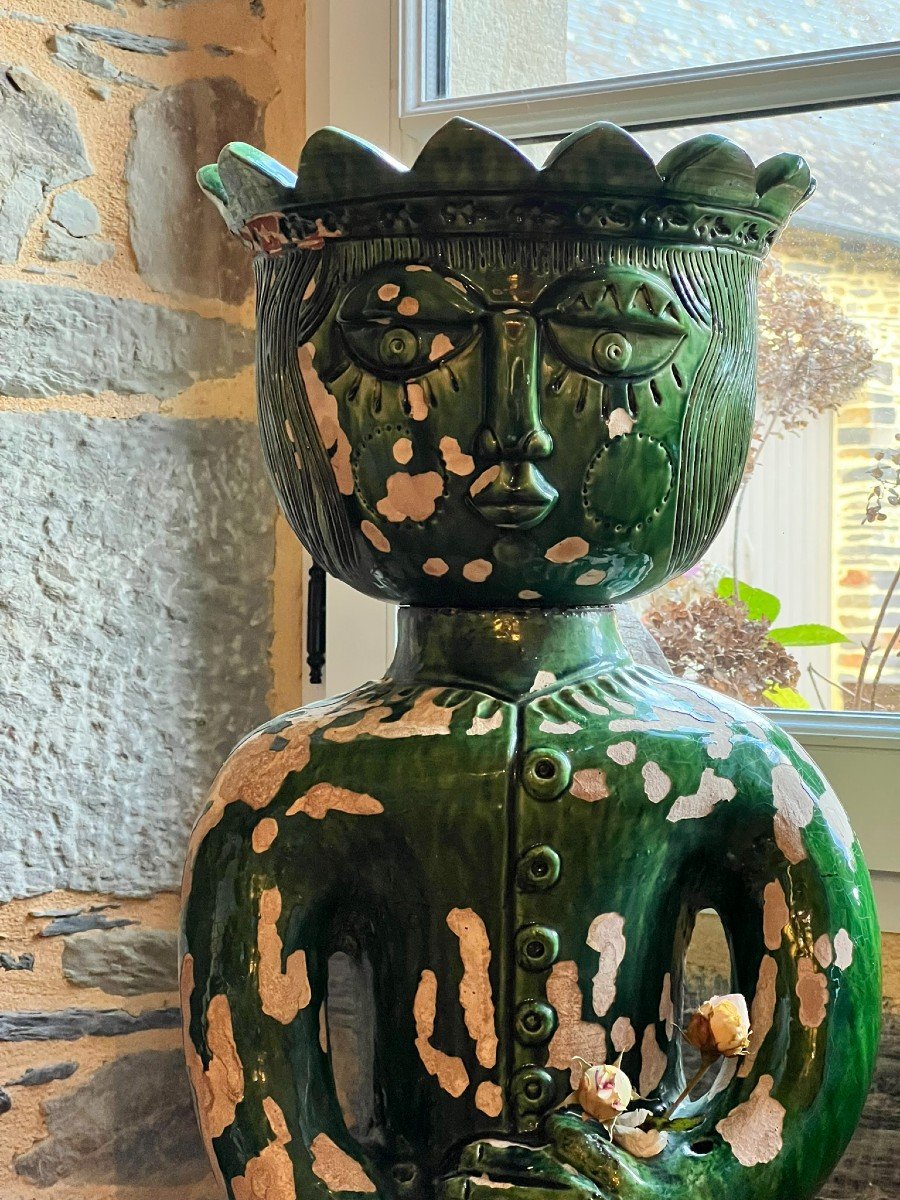 Large Anthropomorphic Planter In Green Glazed Terracotta – Roland Zobel-photo-3