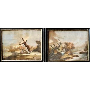 Animated Riverside Scenes. Pair Of 18th Century Glass Mounted