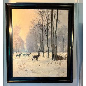 Deer And Stag In The Snow. Léon Le Goaesbe De Bellée. Oil On Canvas 19th Century