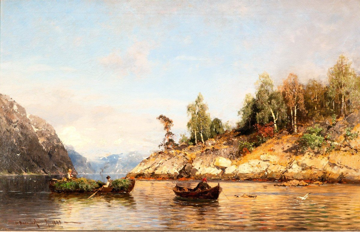 Summer In The Fjords, Oil On Canvas By Georg Anton Rasmussen, 1842 - 1912-photo-3