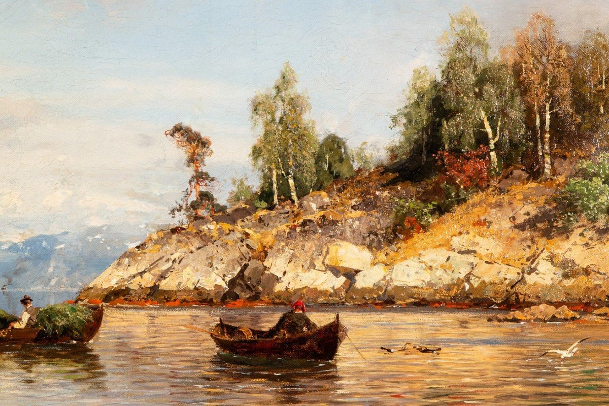 Summer In The Fjords, Oil On Canvas By Georg Anton Rasmussen, 1842 - 1912-photo-5