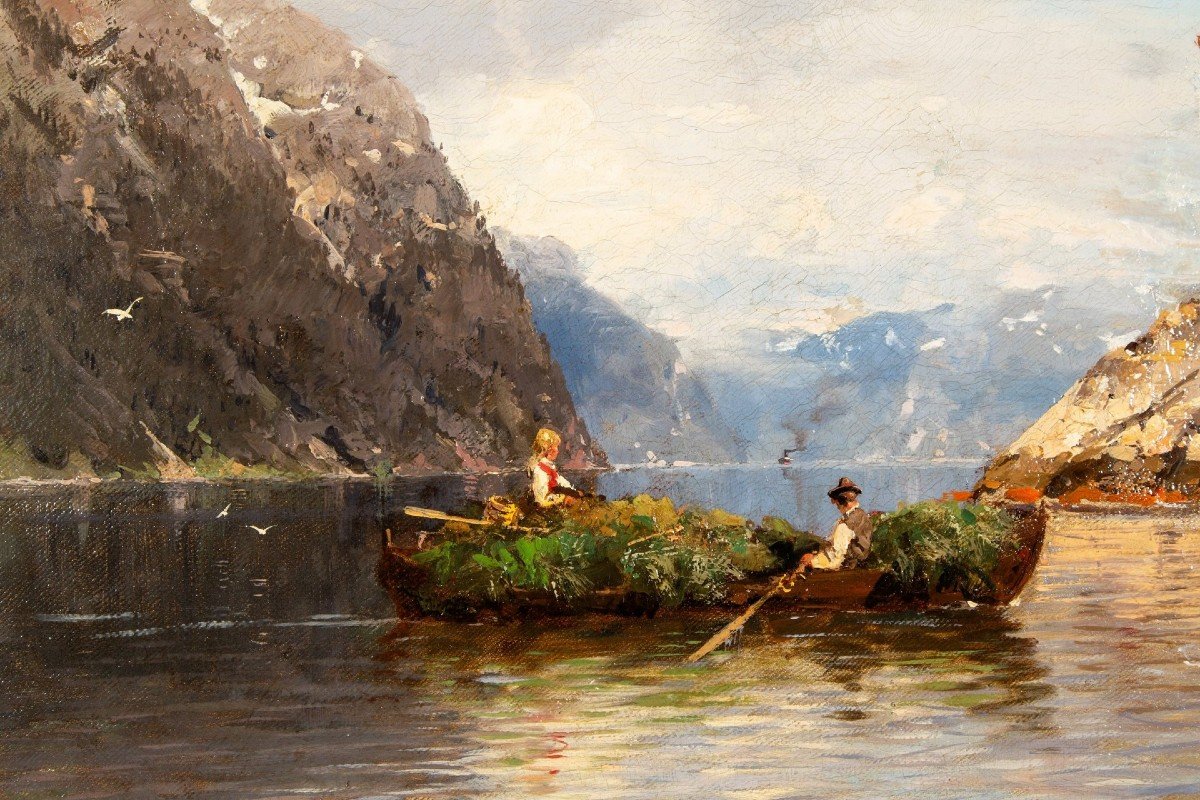 Summer In The Fjords, Oil On Canvas By Georg Anton Rasmussen, 1842 - 1912-photo-6