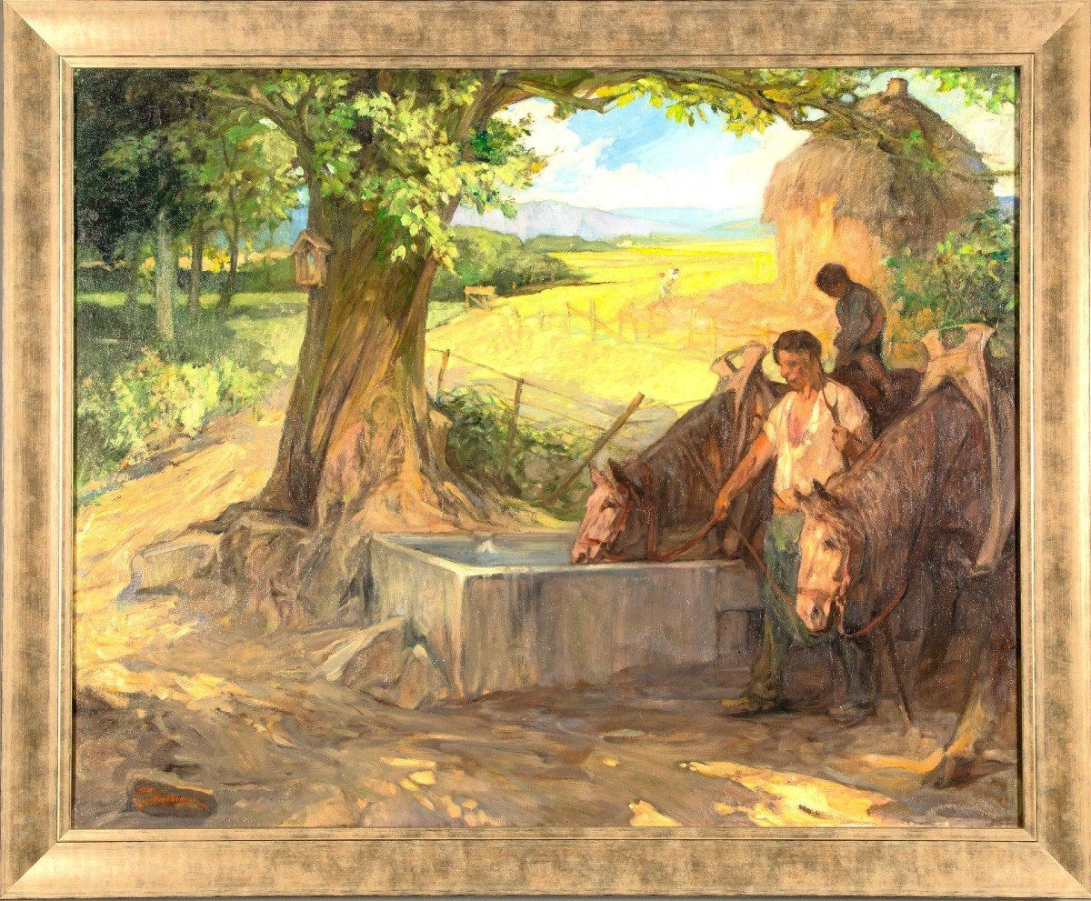 Horses Resting At The Watering Trough Oil On Canvas By Jules Pierre Van Biesbroeck-photo-6