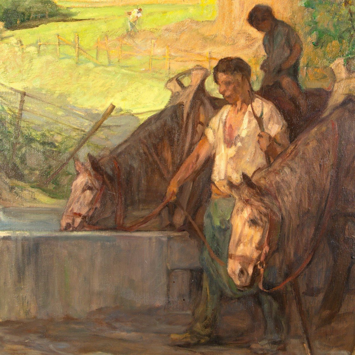 Horses Resting At The Watering Trough Oil On Canvas By Jules Pierre Van Biesbroeck