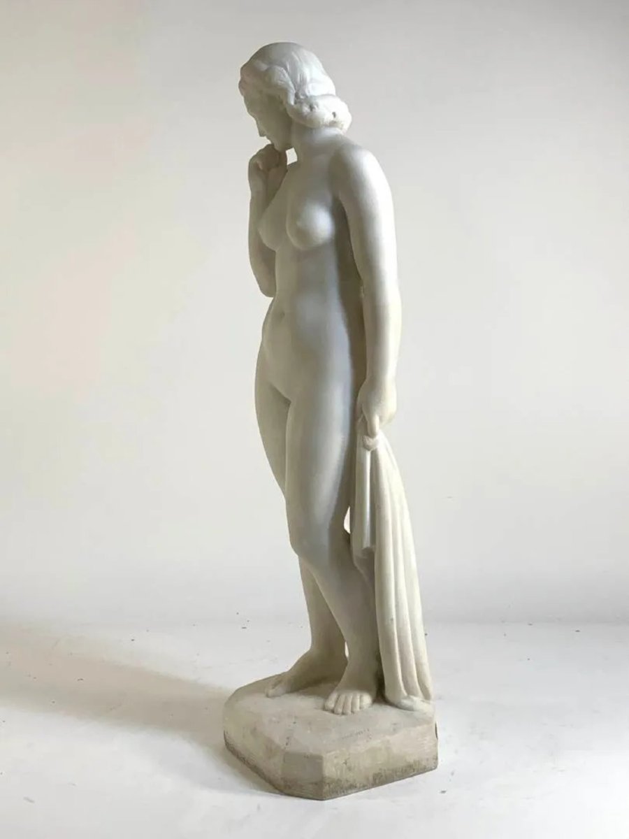 Baigneuse – Une Sculpture Raffinée En Marbre De Carrare Par Cipriani Ugo Di Meneville-photo-3