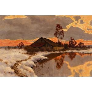 Winter Landscape, Oil On Canvas By Carl Schaette