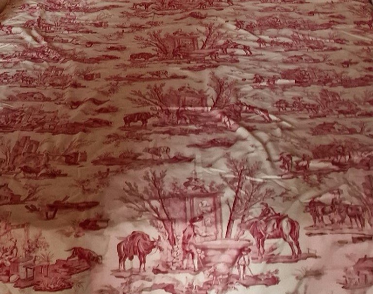 Bedspread + Bottom Riedaux, And Side Panels In Red Toile De Jouy --photo-2