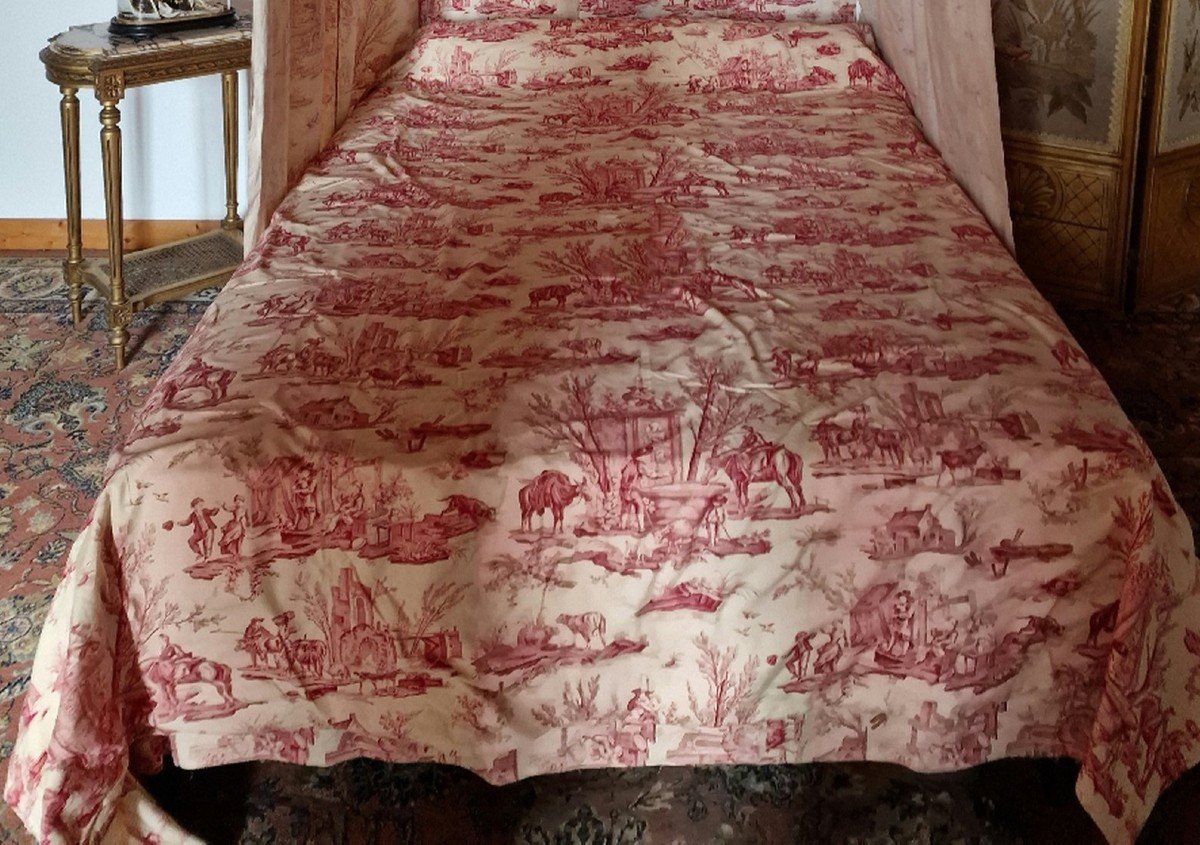 Bedspread + Bottom Riedaux, And Side Panels In Red Toile De Jouy -