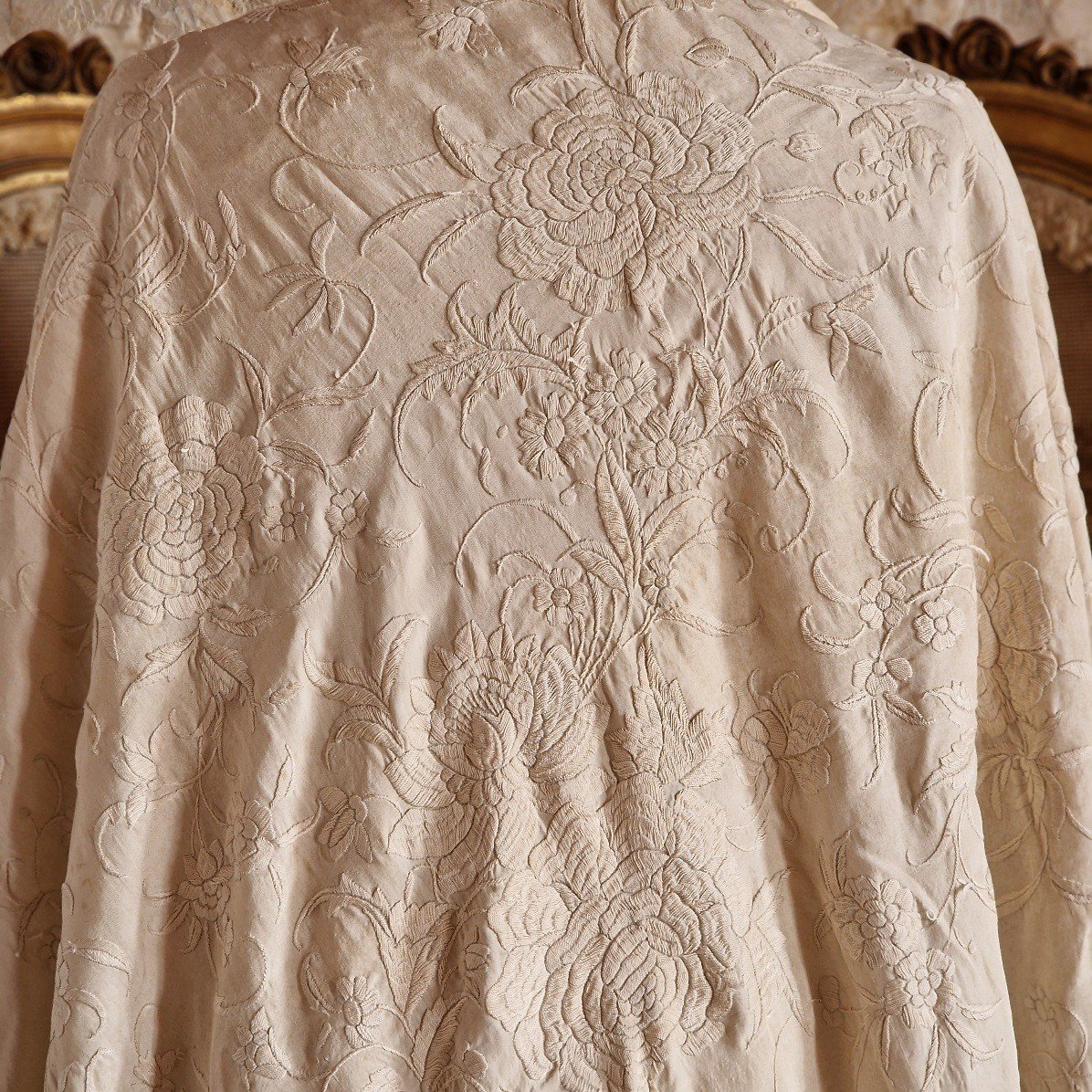 Cream Tone Silk Wedding Shawl Embroidered Tone On Tone -photo-3