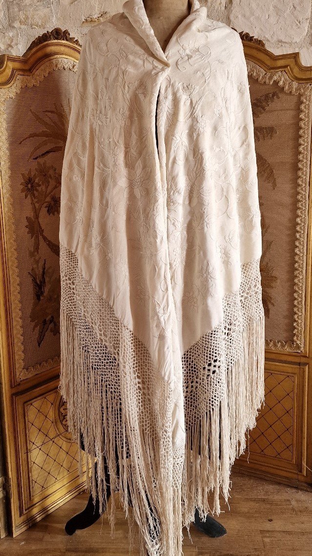 Cream Tone Silk Wedding Shawl Embroidered Tone On Tone 