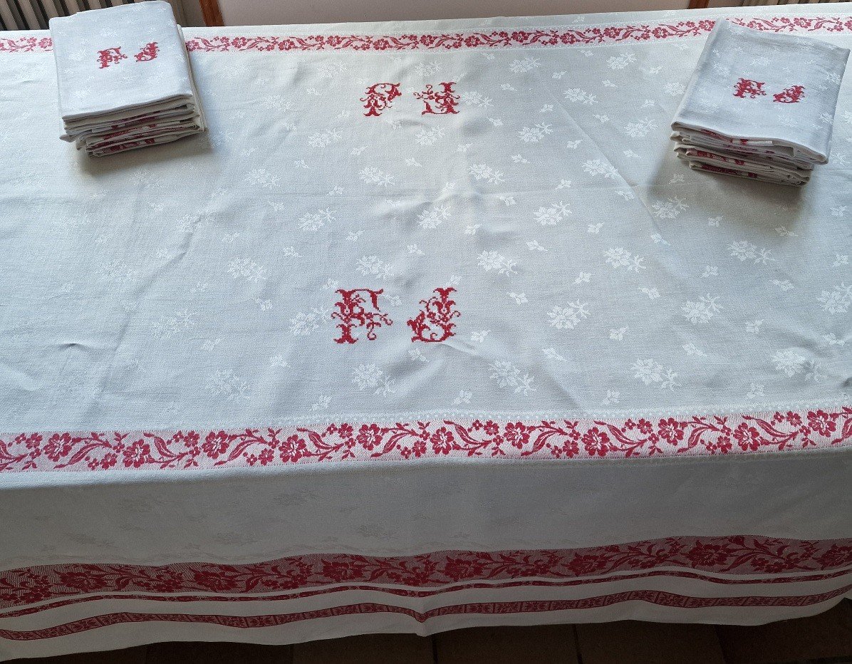 Service De Table Damas  Blanc Et Rouge - Double Monogramme "FJ" Point De Croix + 12 Serviettes-photo-4