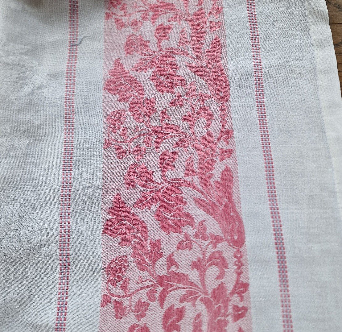 Nappe Damas De Lin Blanche Avec Liteaux Couleur Rouge/framboise Et Bleue-photo-2