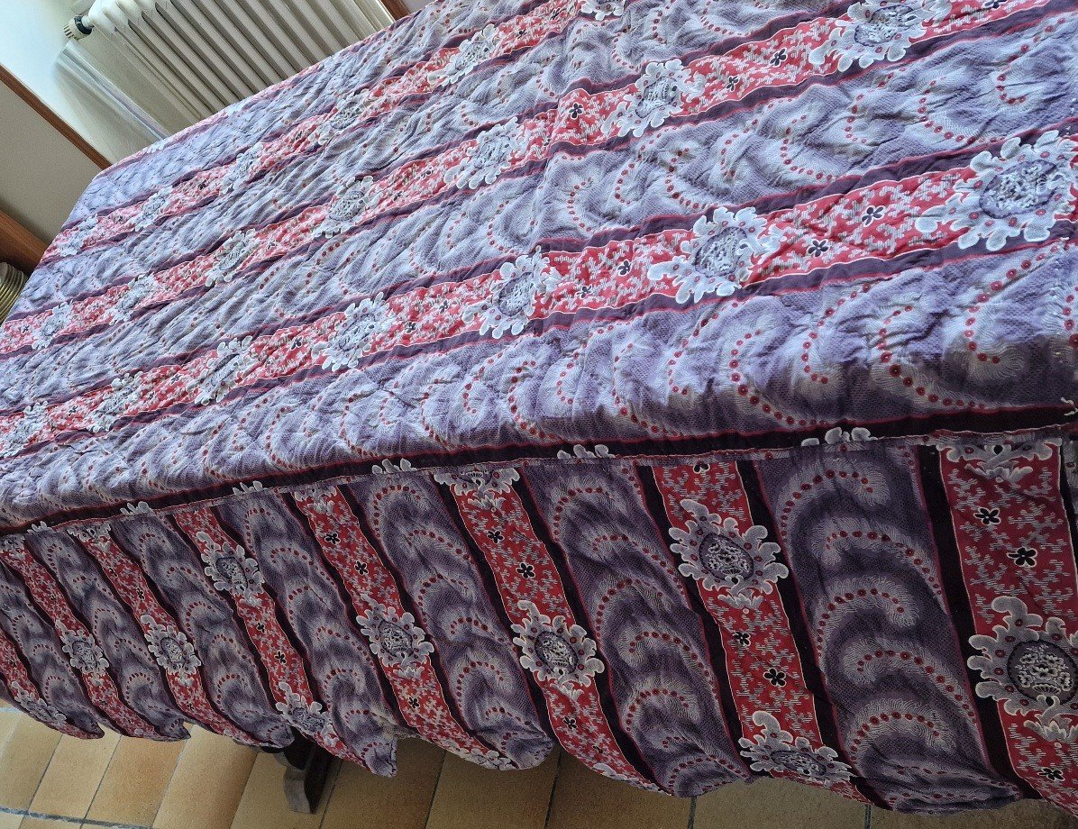 Bedspread - Printed Cotton - Medallions And "feather" Motifs 19th