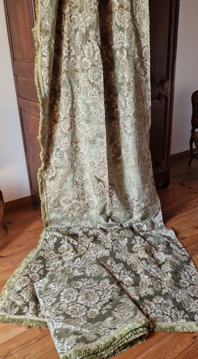 Pair Of Large Velvet Hangings (italy) Almond Green Color 19th Century