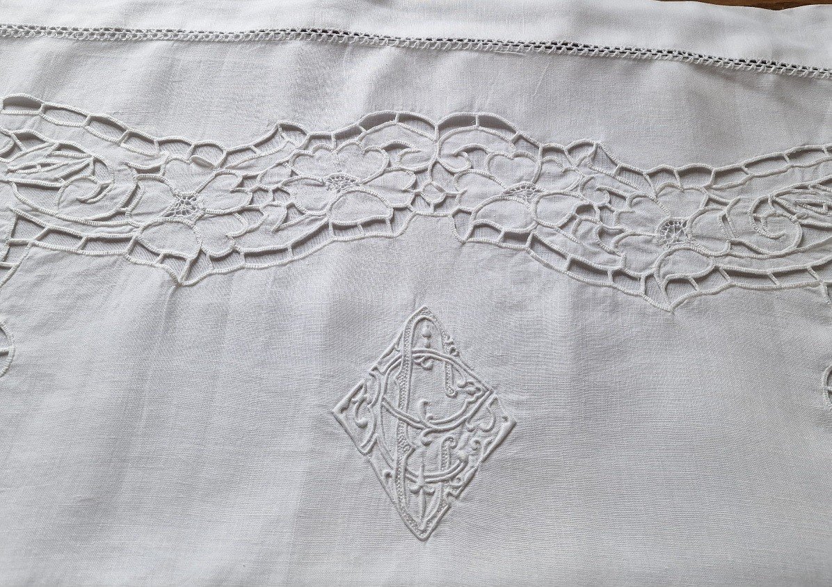 Paire De Taies Anciennes, Monogrammees, Importantes Broderies-photo-3