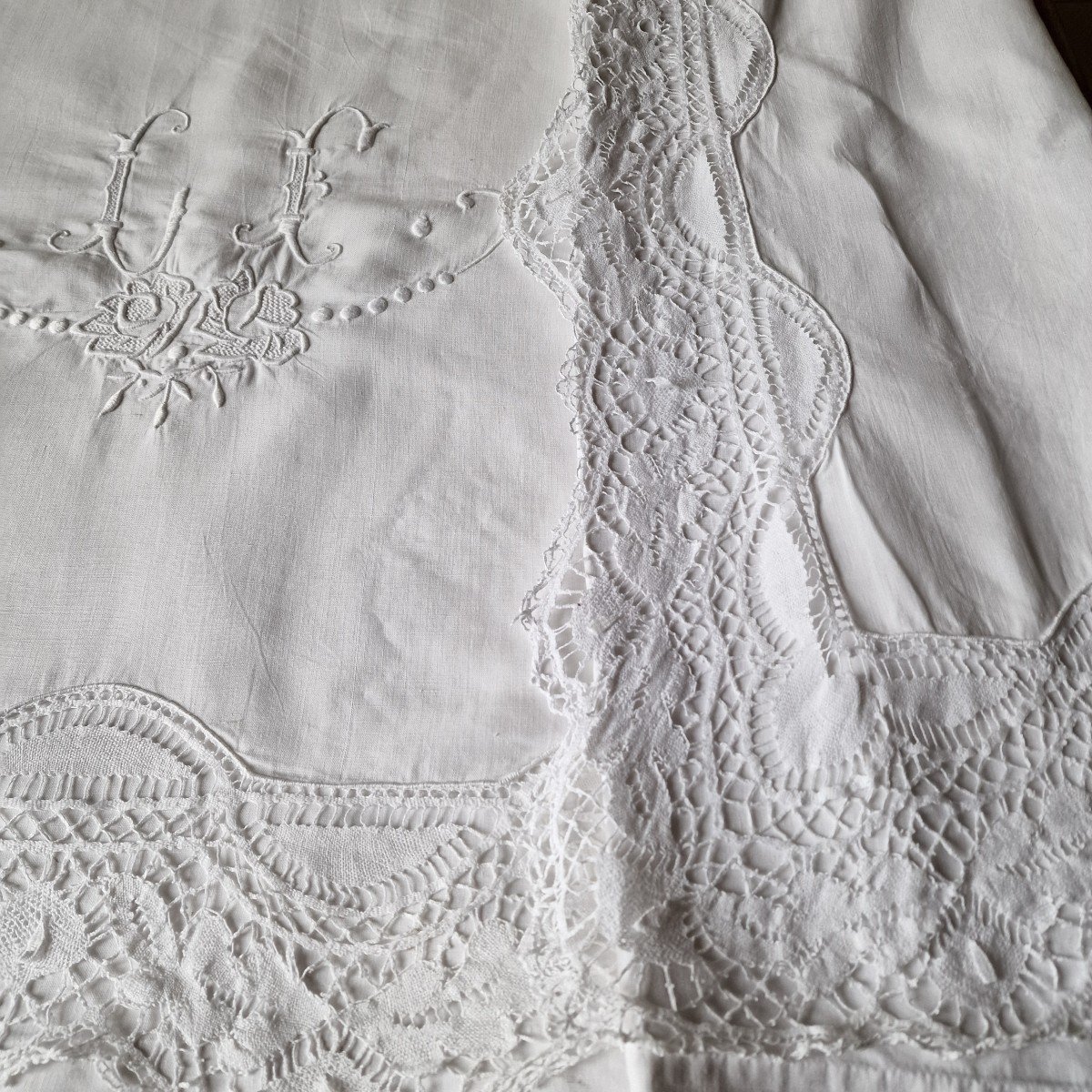 Thread Sheet - 19th Century - Large Width 270 Cm - Embroidery, Lace - Monogram "lf"-photo-2