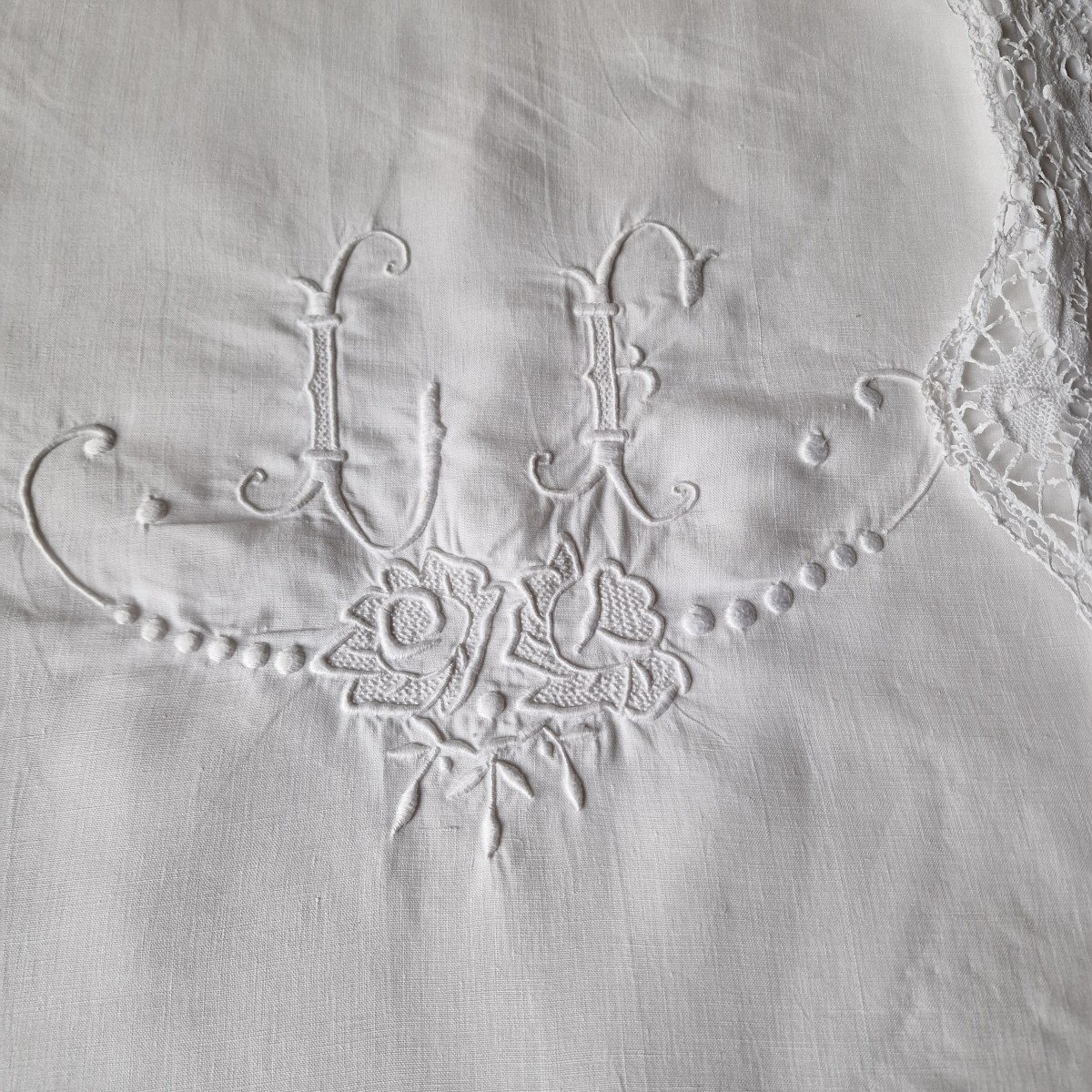 Thread Sheet - 19th Century - Large Width 270 Cm - Embroidery, Lace - Monogram "lf"-photo-3