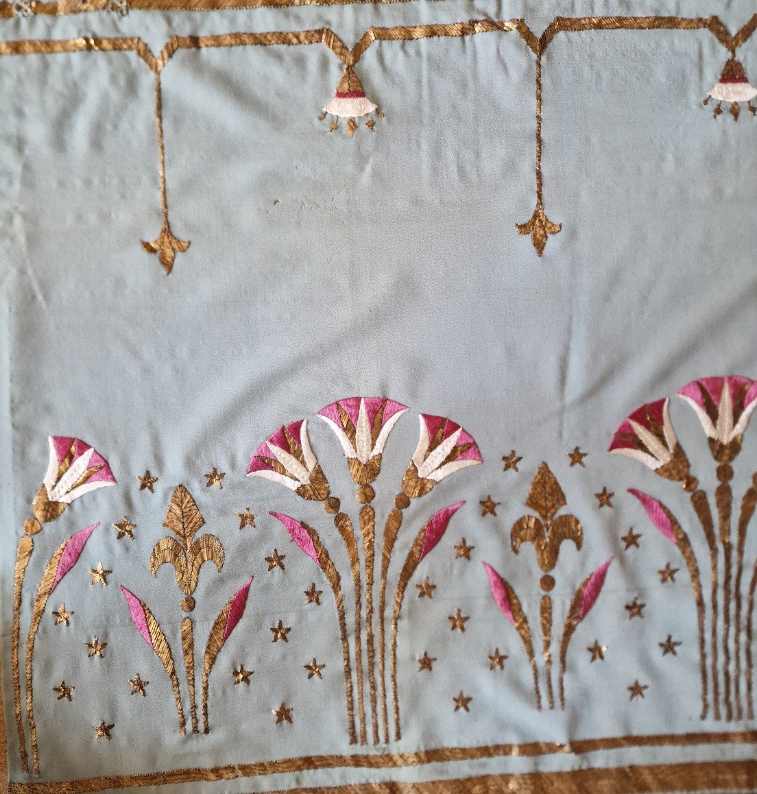 Richly Embroidered Headband - On Silk - Gold Threads And Silk Threads - Polychrome - 19th Century-photo-2