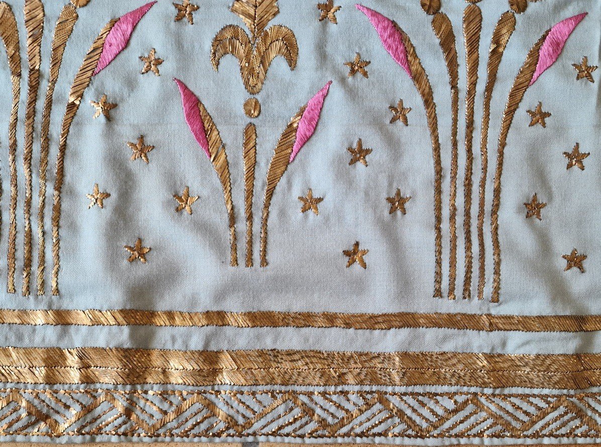 Richly Embroidered Headband - On Silk - Gold Threads And Silk Threads - Polychrome - 19th Century-photo-3