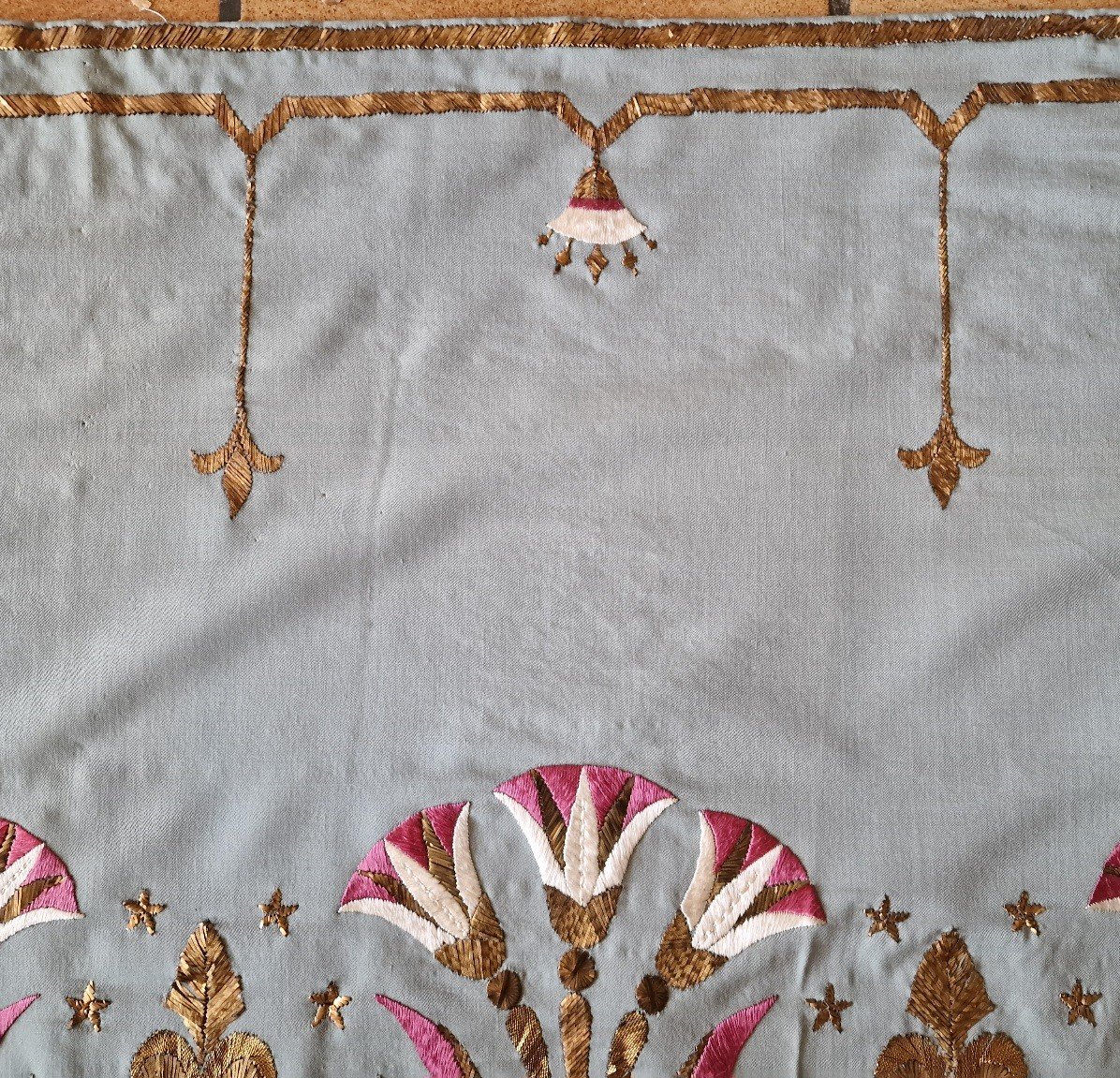 Richly Embroidered Headband - On Silk - Gold Threads And Silk Threads - Polychrome - 19th Century-photo-4