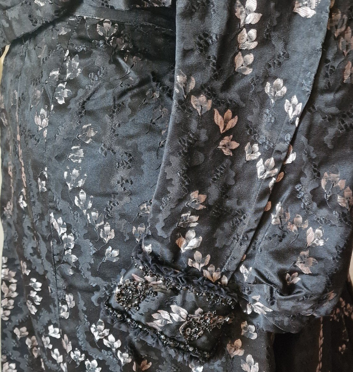 Silk Dress Black Background Pink/silver Patterns - 19th Century-photo-4