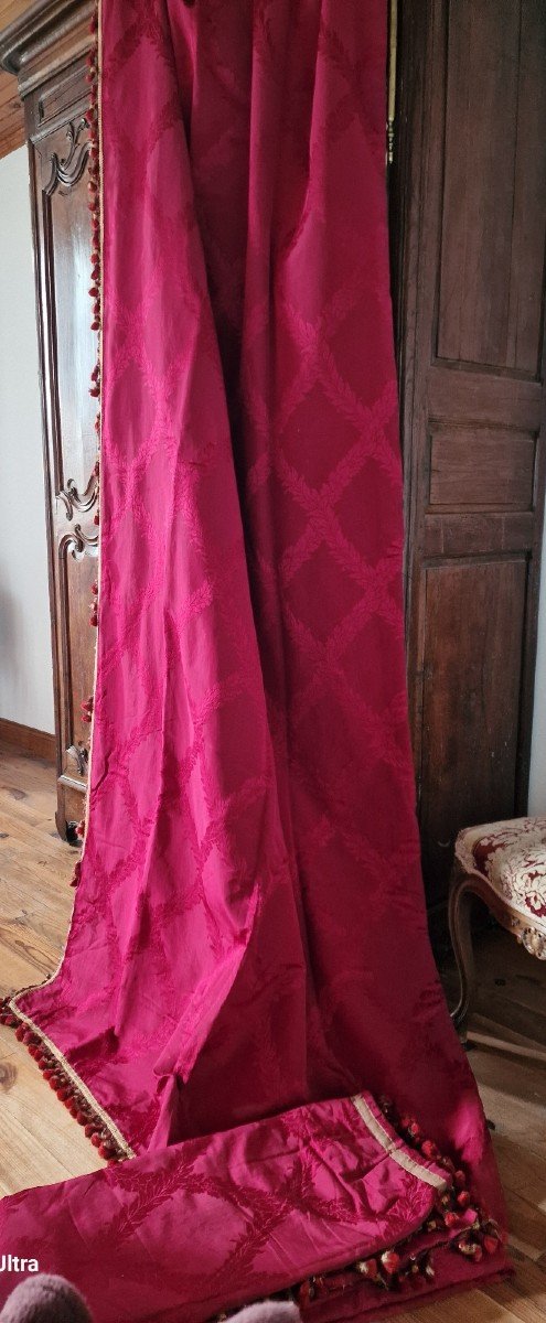 Pair Of Curtains - 19th Century - Cherry Color Brocatelle - Pompoms-photo-2