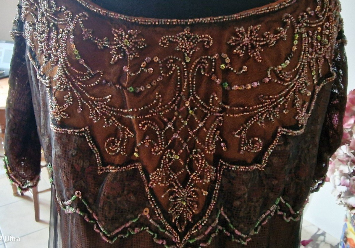 Dress With Embroidered Underside - Pearls And Sequins - 19th Century-photo-3