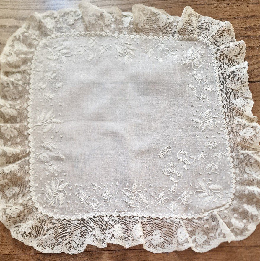 Wedding Handkerchief - 19th Century - Under Baron's Crown, Monogram "pl"-photo-2