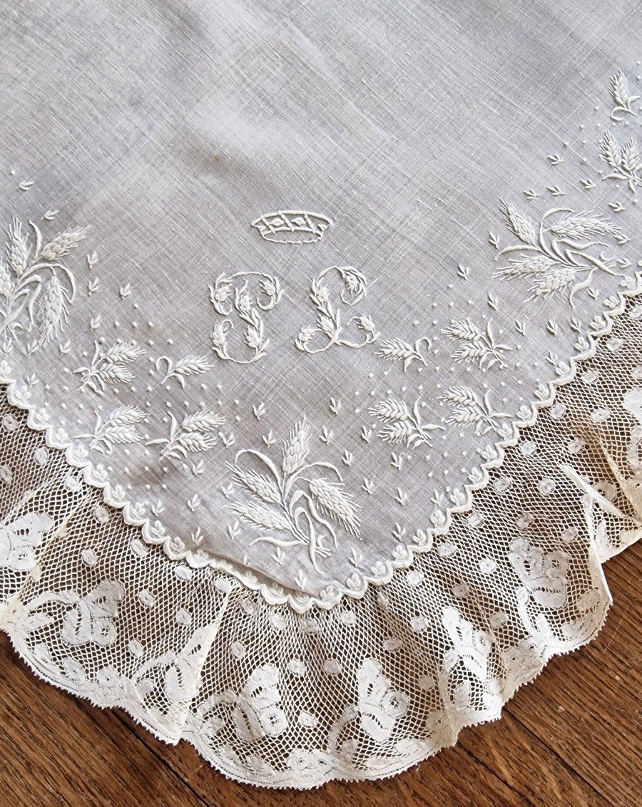 Wedding Handkerchief - 19th Century - Under Baron's Crown, Monogram "pl"-photo-4