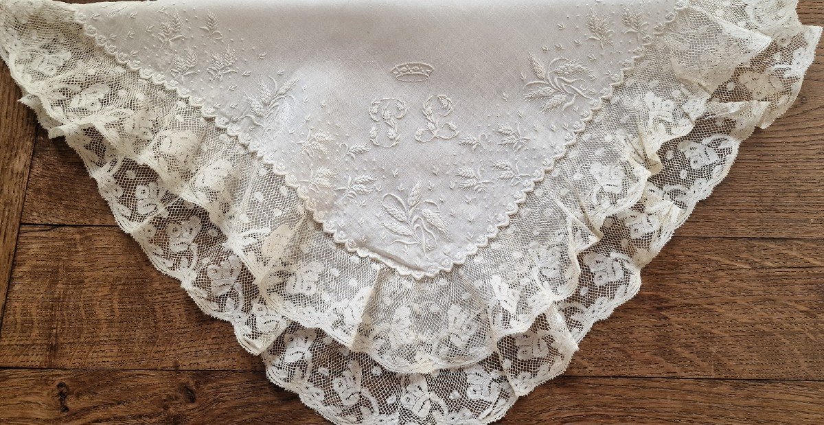 Wedding Handkerchief - 19th Century - Under Baron's Crown, Monogram "pl"