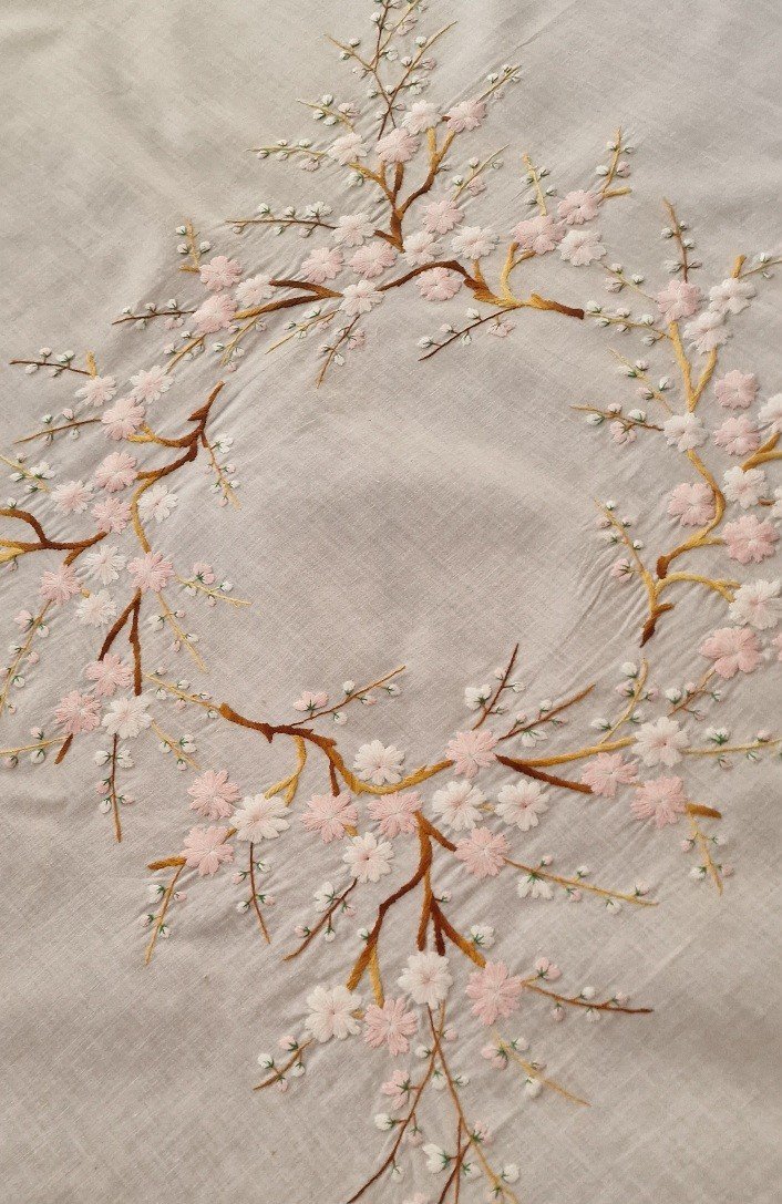 Tea Or Aperitif Tablecloth - Embroidered With Cherry Blossoms - Early 20th Century-photo-2