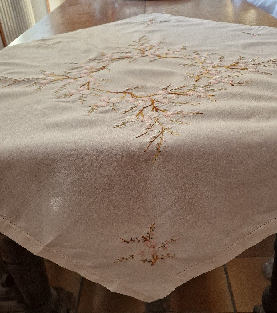 Tea Or Aperitif Tablecloth - Embroidered With Cherry Blossoms - Early 20th Century