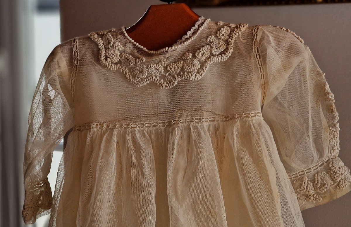 Christening Dress For Baby - Tulle Embroidered On The Bust, Sleeves And Bottom - 19th Century-photo-2