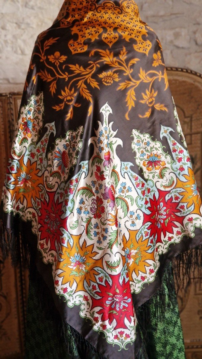 Silk Shawl - Printed - 19th Century - Fringes - 