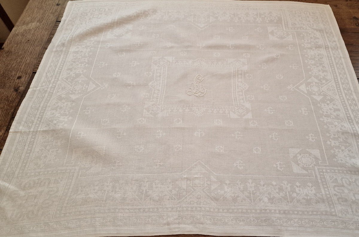 Set Of 14 Napkins - Damask - White - Monogram - 19th Century-photo-2