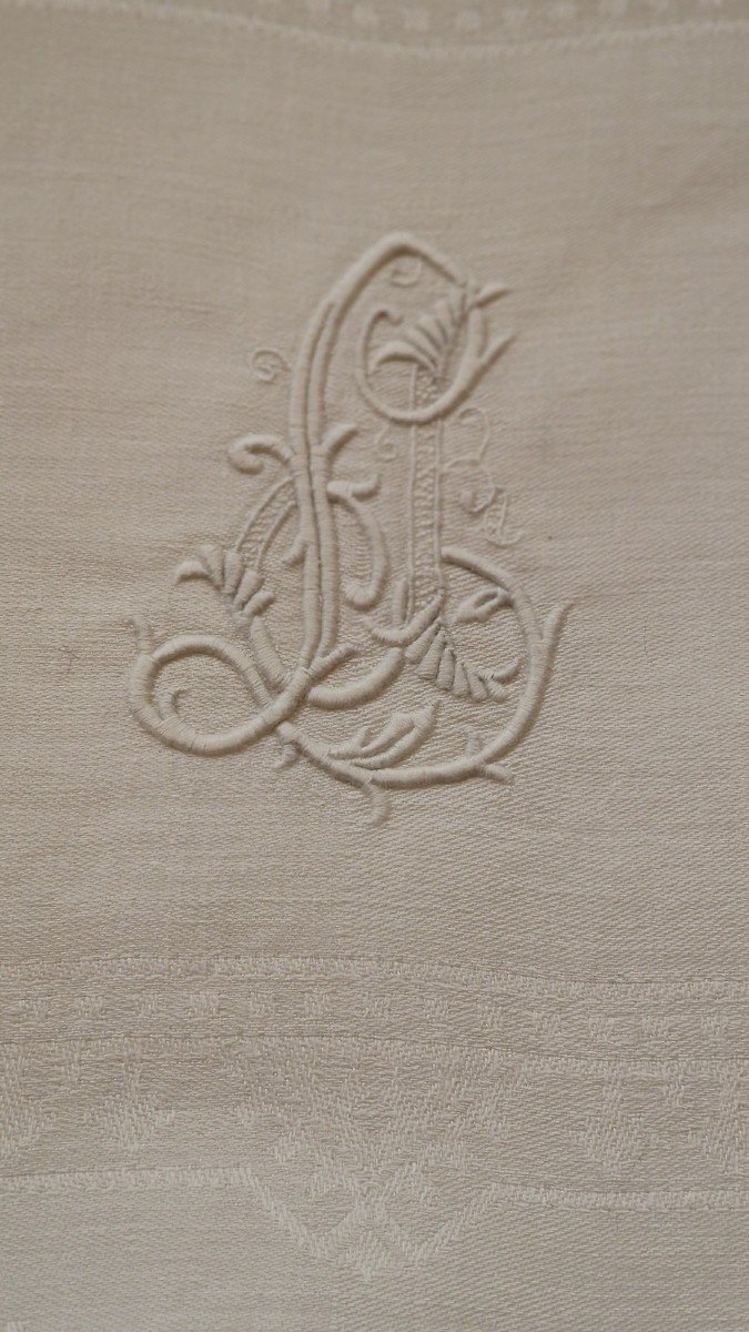 Set Of 14 Napkins - Damask - White - Monogram - 19th Century-photo-3