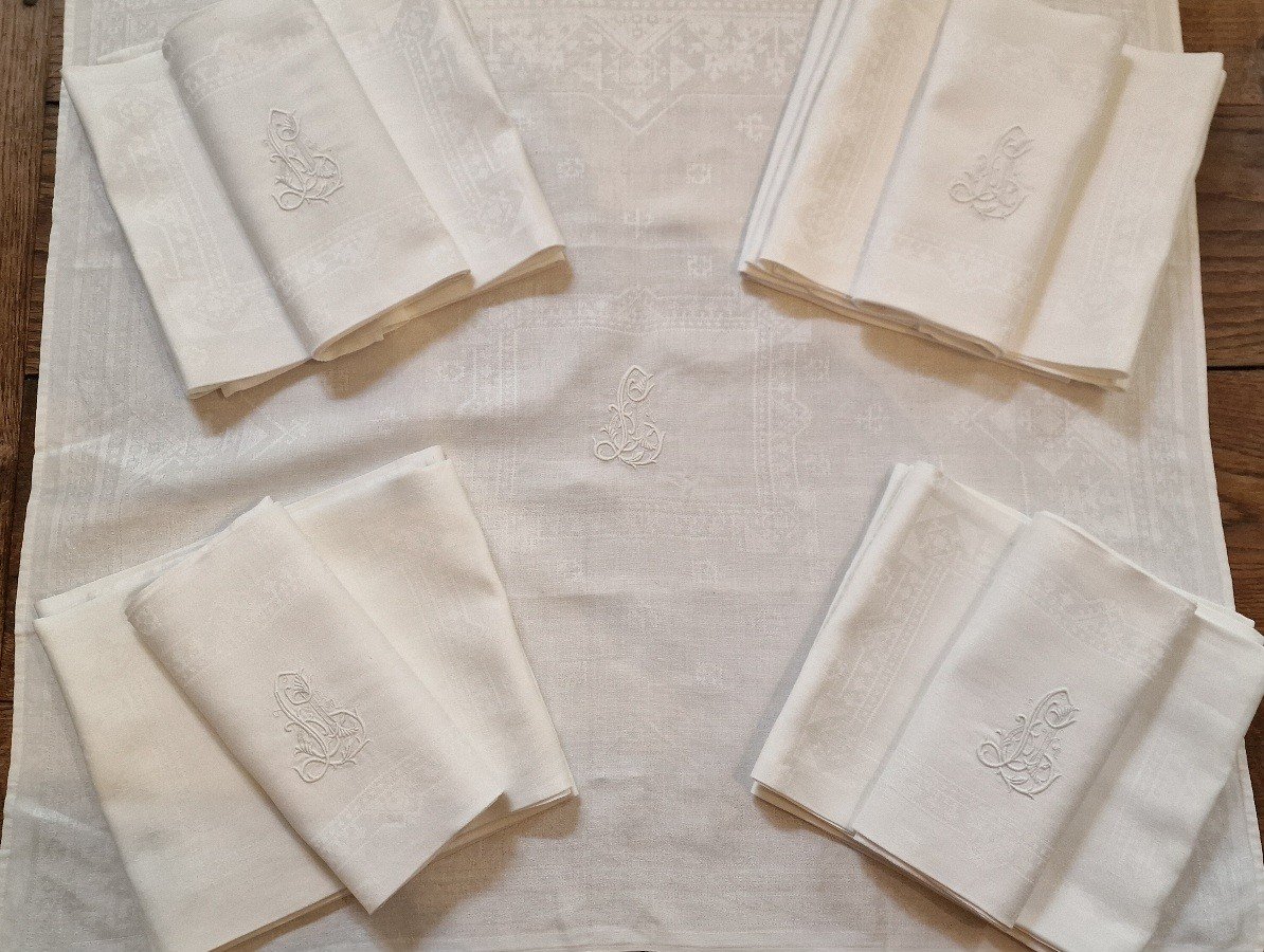 Set Of 14 Napkins - Damask - White - Monogram - 19th Century-photo-4